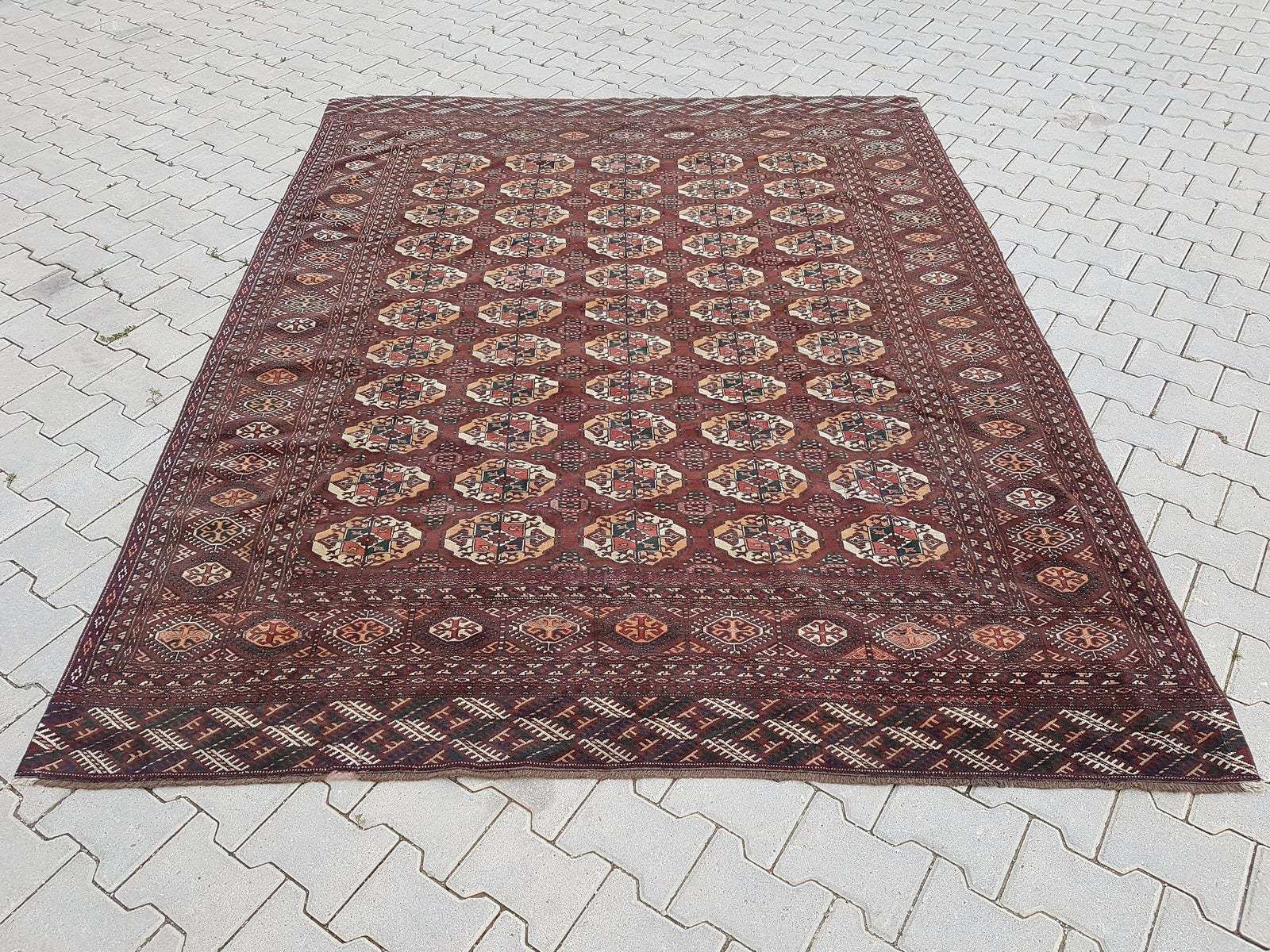 1950s Vintage Turkmen Wool Low Pile Tekke Bokhara Area Rug 8′7″ × 9′3″ photo furniture