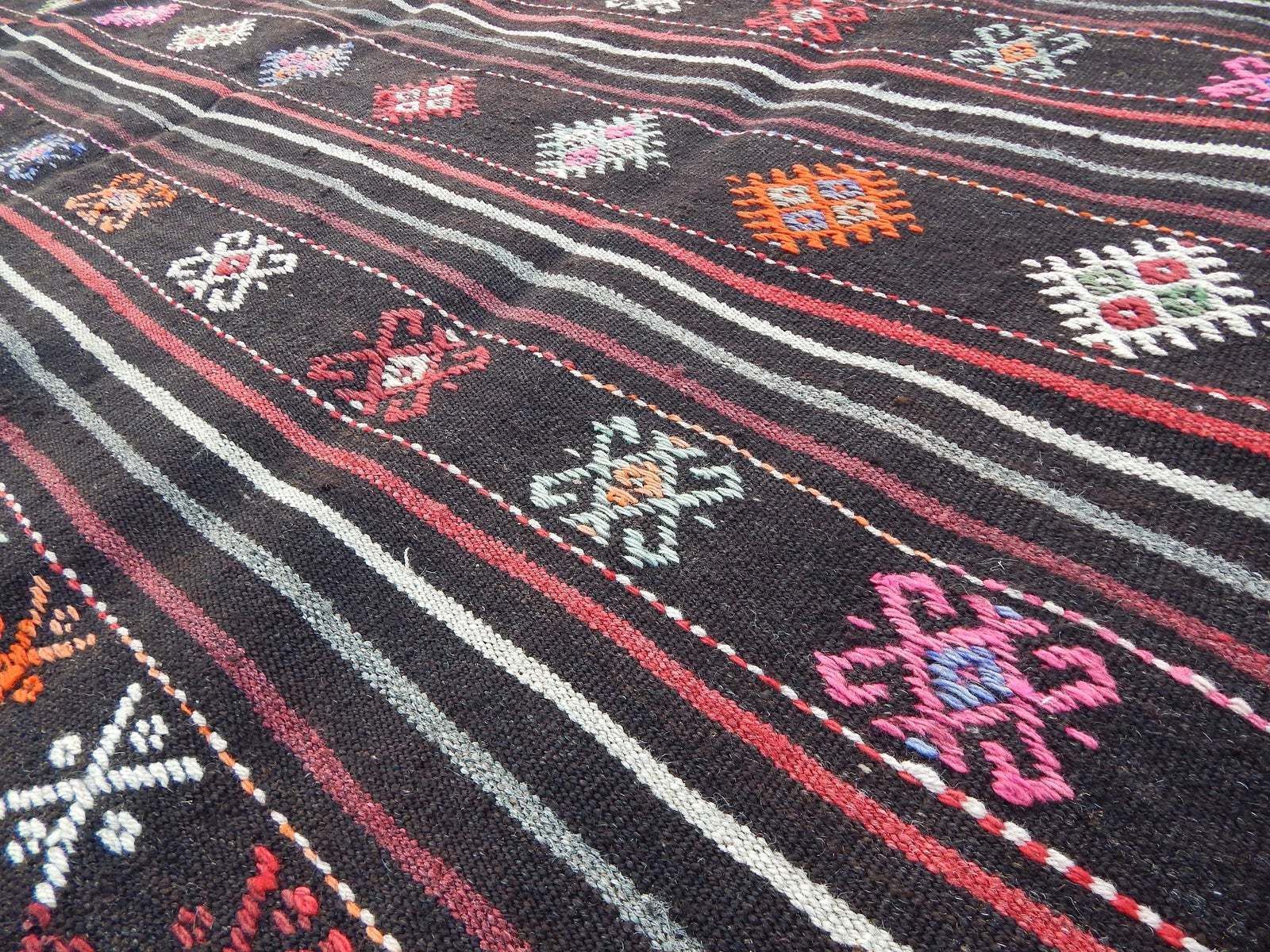 photo for sale 1980s Unique Kurdish Tapis Kilim Tapestry, Vintage Geometric Pattern Tribal Flatweave Kelim, Moroccan Style Rug, 6'11'' X 9'4'' / 211 X 285 Cm