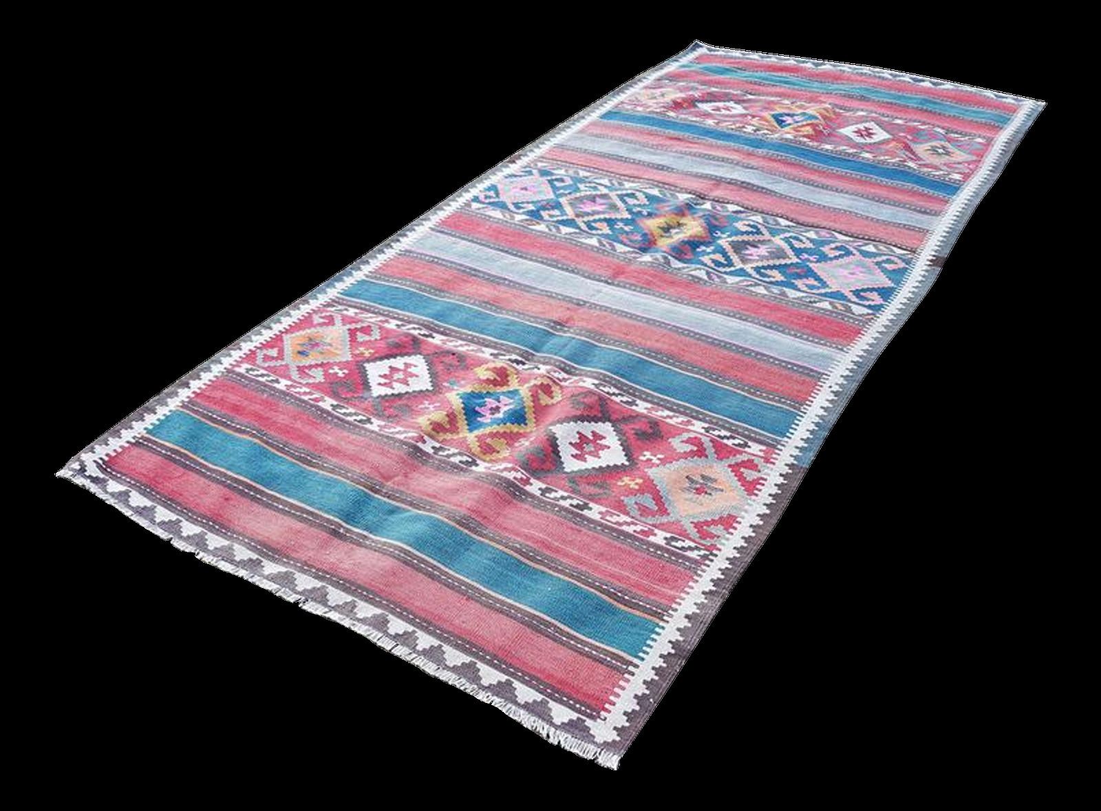 Vintage Midcentury Wide Caucasian Kilim Runner With Tribal Style, Flat Weave Foyer Size Kelim In Blue Pink And Orange Colors 51 X 114 Ft