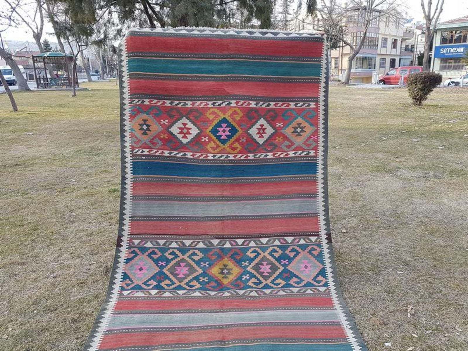 Vintage Midcentury Wide Caucasian Kilim Runner With Tribal Style, Flat Weave Foyer Size Kelim In Blue Pink And Orange Colors 51 X 114 Ft photo furniture