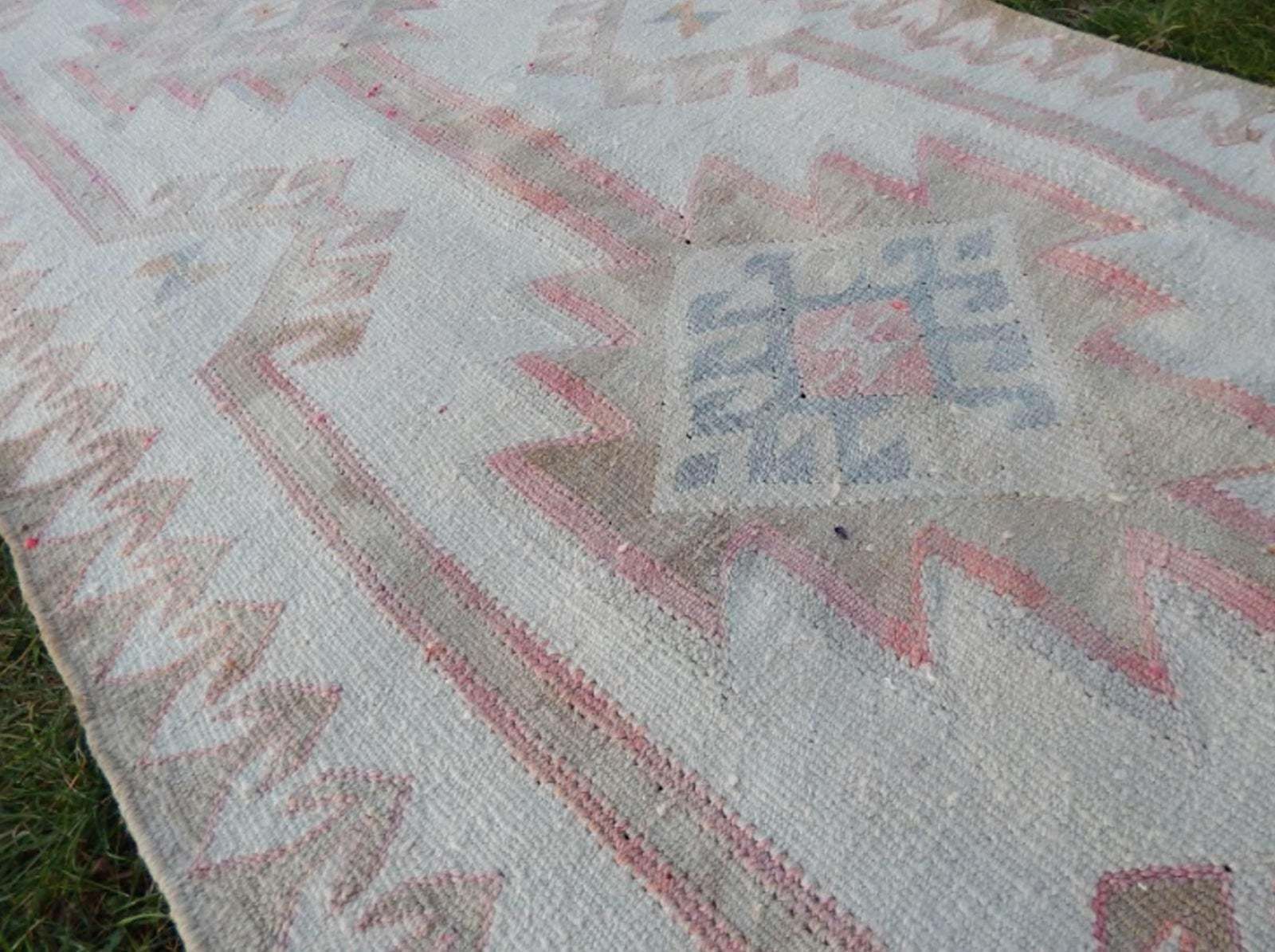 Textiles Hand Knotted Turkish Runner Rug. Boucherouite Style Herki Rug. Natural Undyed Wool 3′3″ × 12′10″ photo