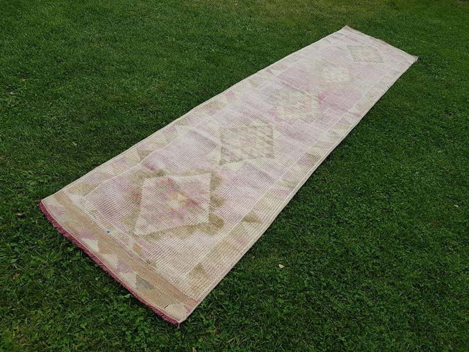 Antique 2.7 X 12.1 Ft. Rose Gold & Pink Color Kurdish Wool Handwoven Gallery Runner Area Rug Traditional Distressed Overdye Oushak Hall Rug