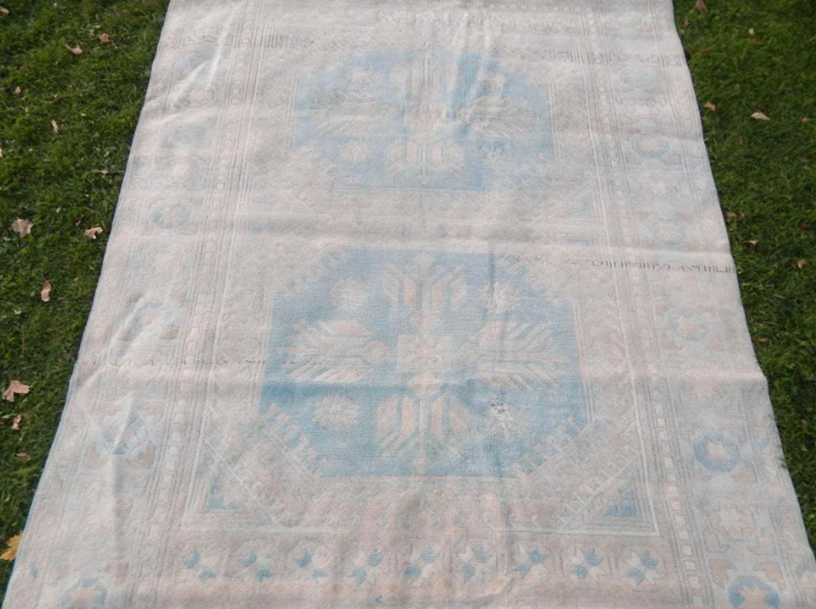 Vintage 1960s Anatolian Geometric Distressed Kars Wool Oushak Rug photo 1053.0