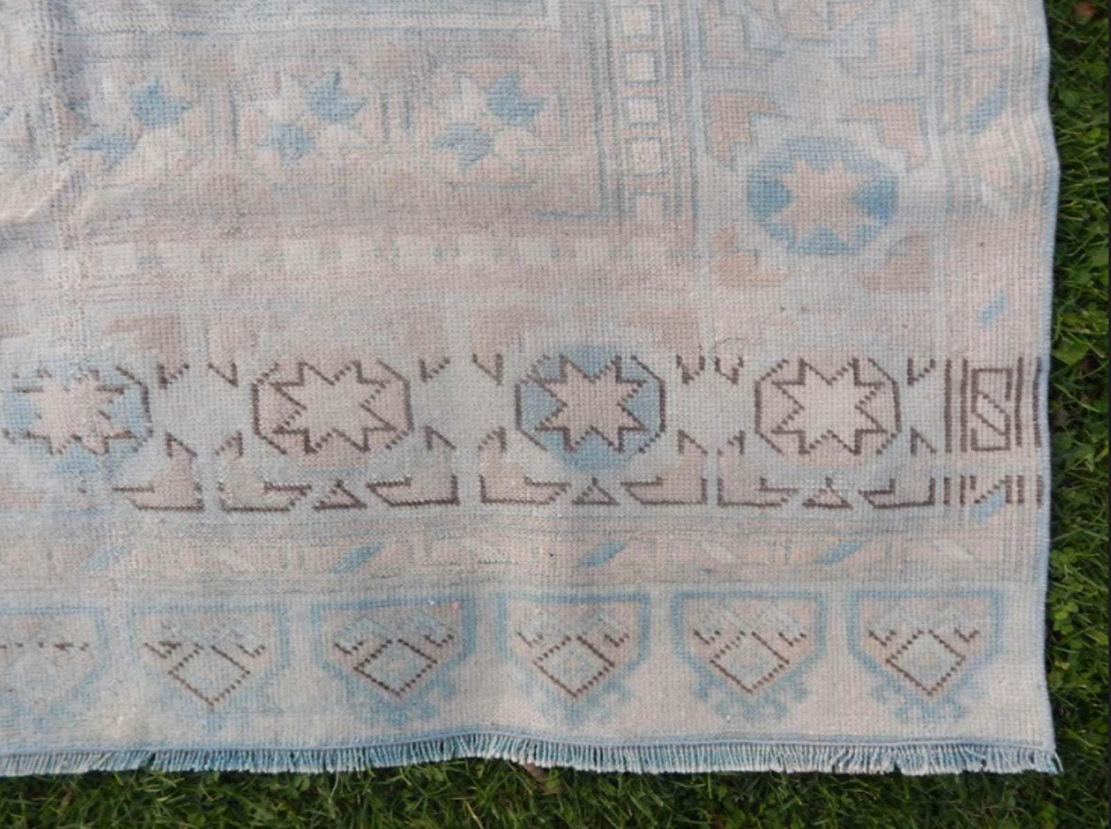 Textiles Vintage 1960s Anatolian Geometric Distressed Kars Wool Oushak Rug photo