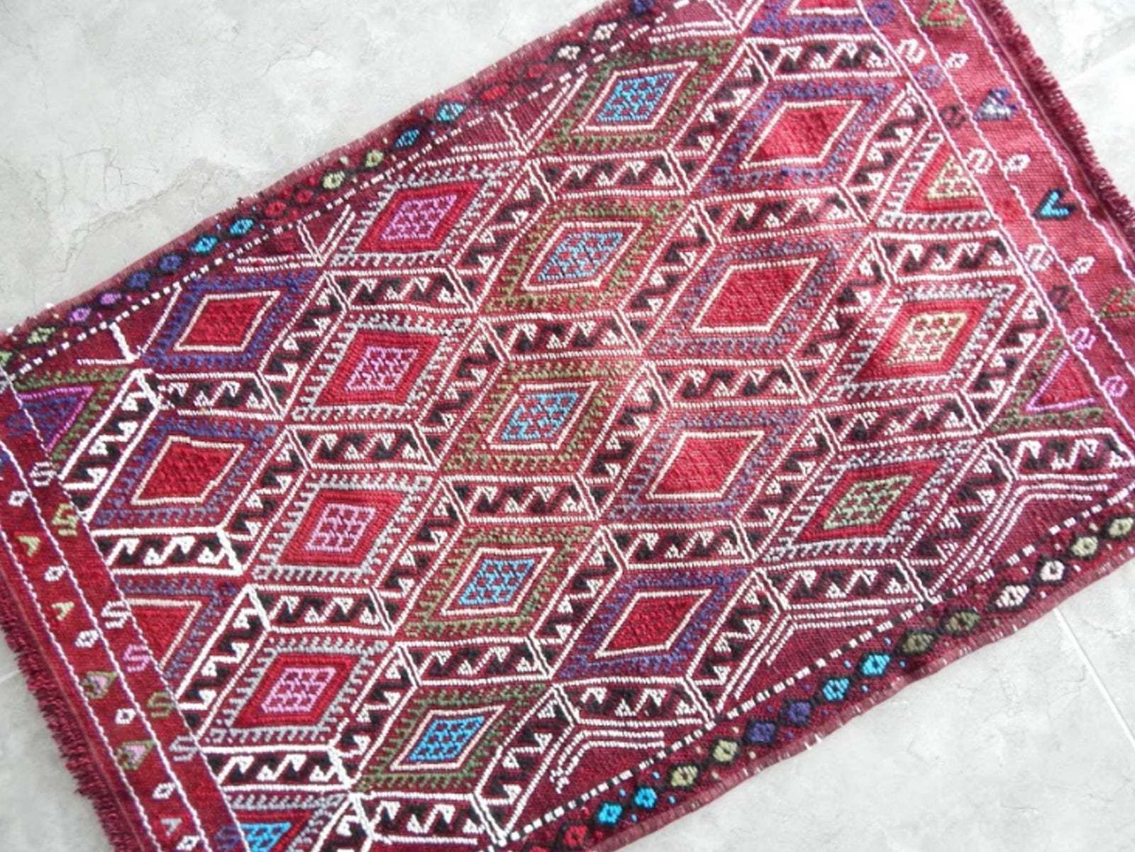Vintage Geometrical Turkish Cicim Kilim Rug 1′10″ × 2′9″ photo Textiles