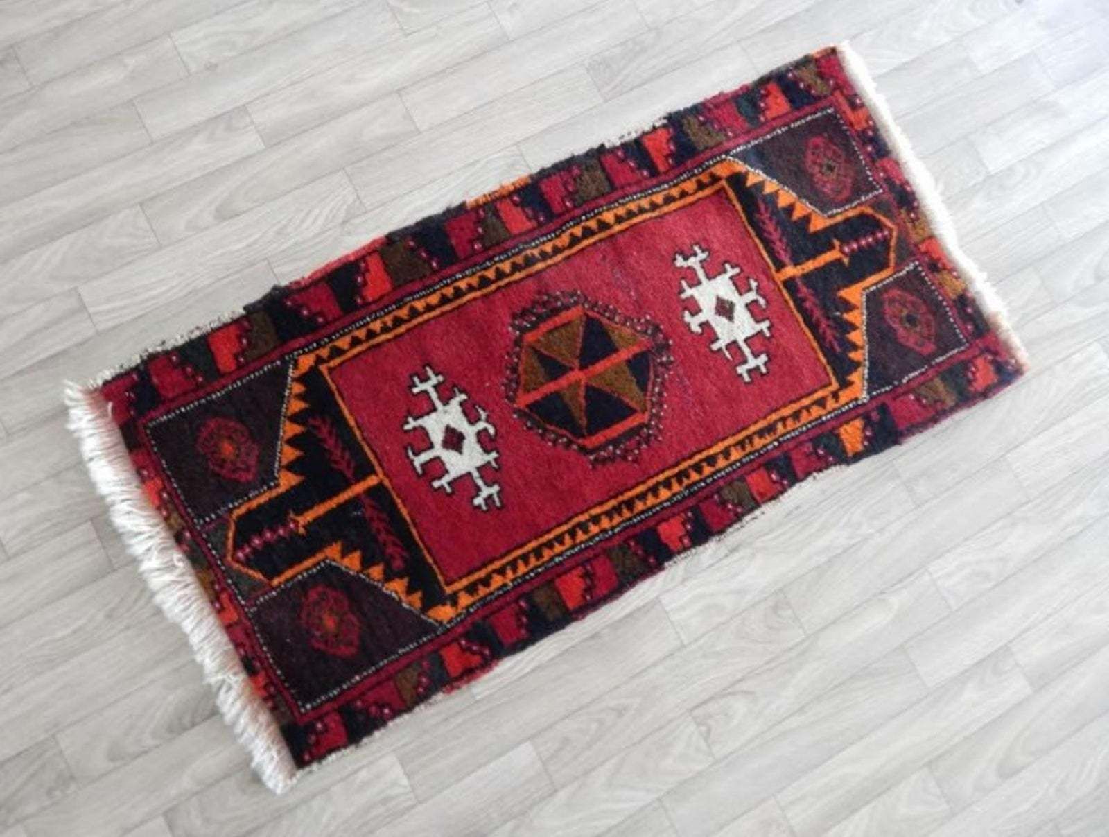 Small Turkish Rug Hand Knotted Distressed Low Pile Area Rug Faded Mat 1′8″ × 3′3″ photo for sale