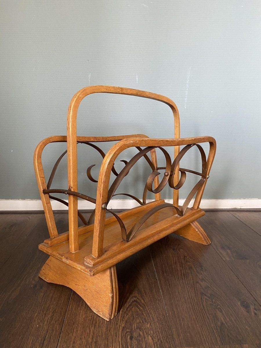 Vintage Wood And Brass Magazine Rack, 1930s photo vinterior