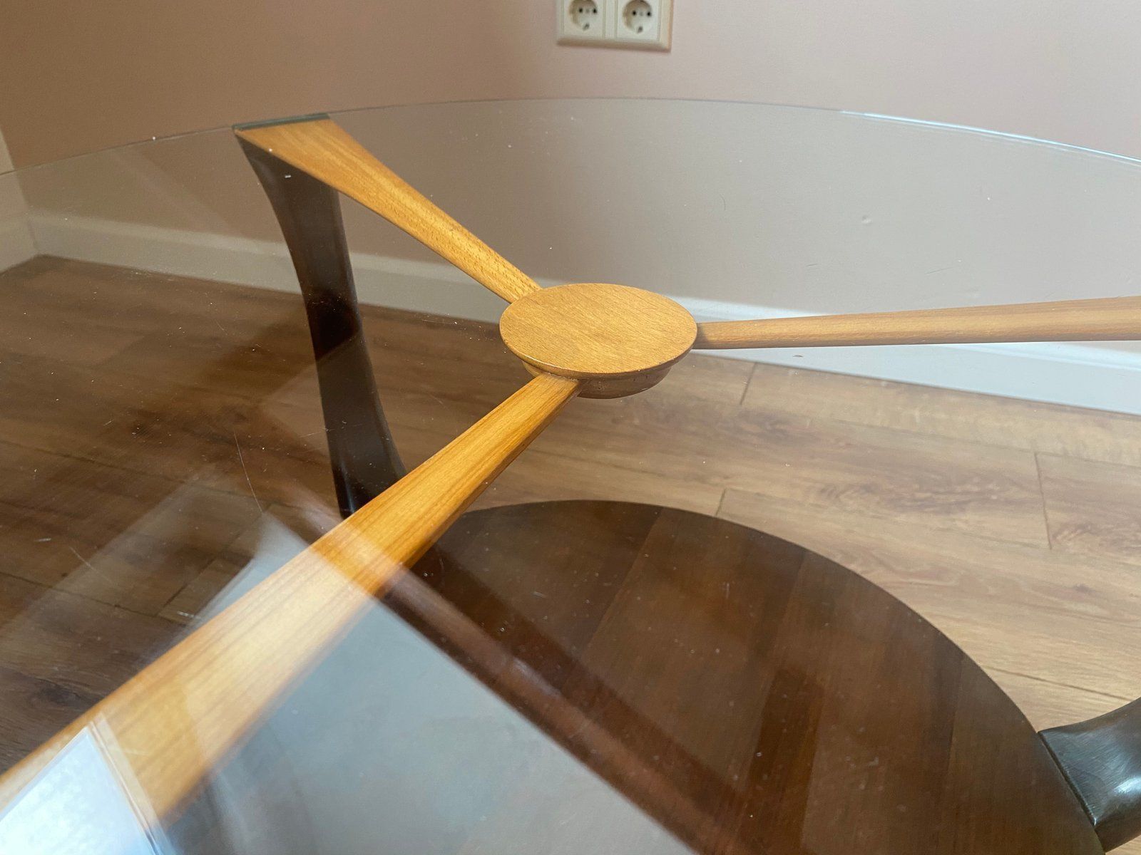 Mid Century Italian Round Ik Wood And Glass Coffee Table, 1950s photo Furniture