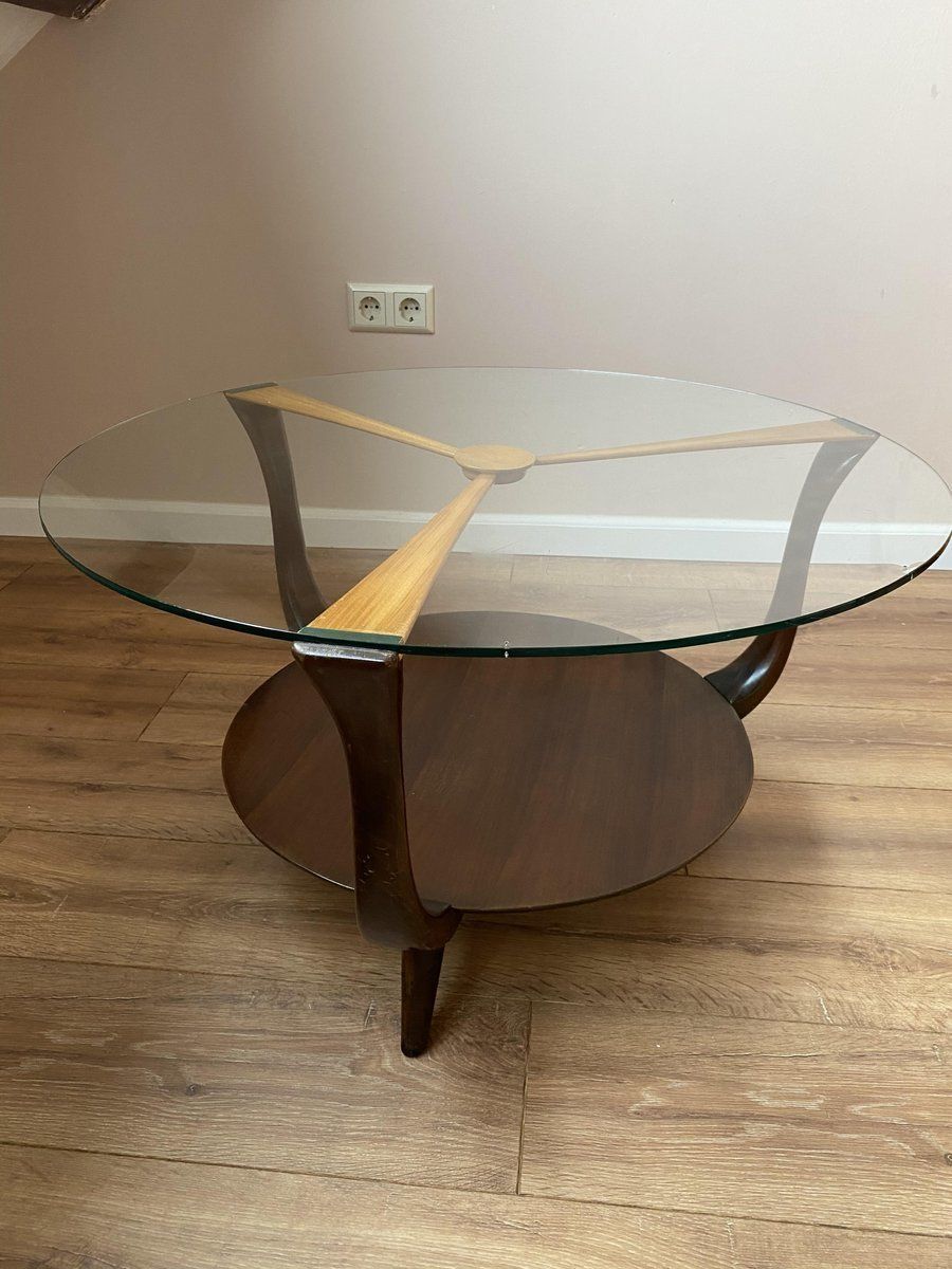 Mid Century Italian Round Ik Wood And Glass Coffee Table, 1950s photo vinterior
