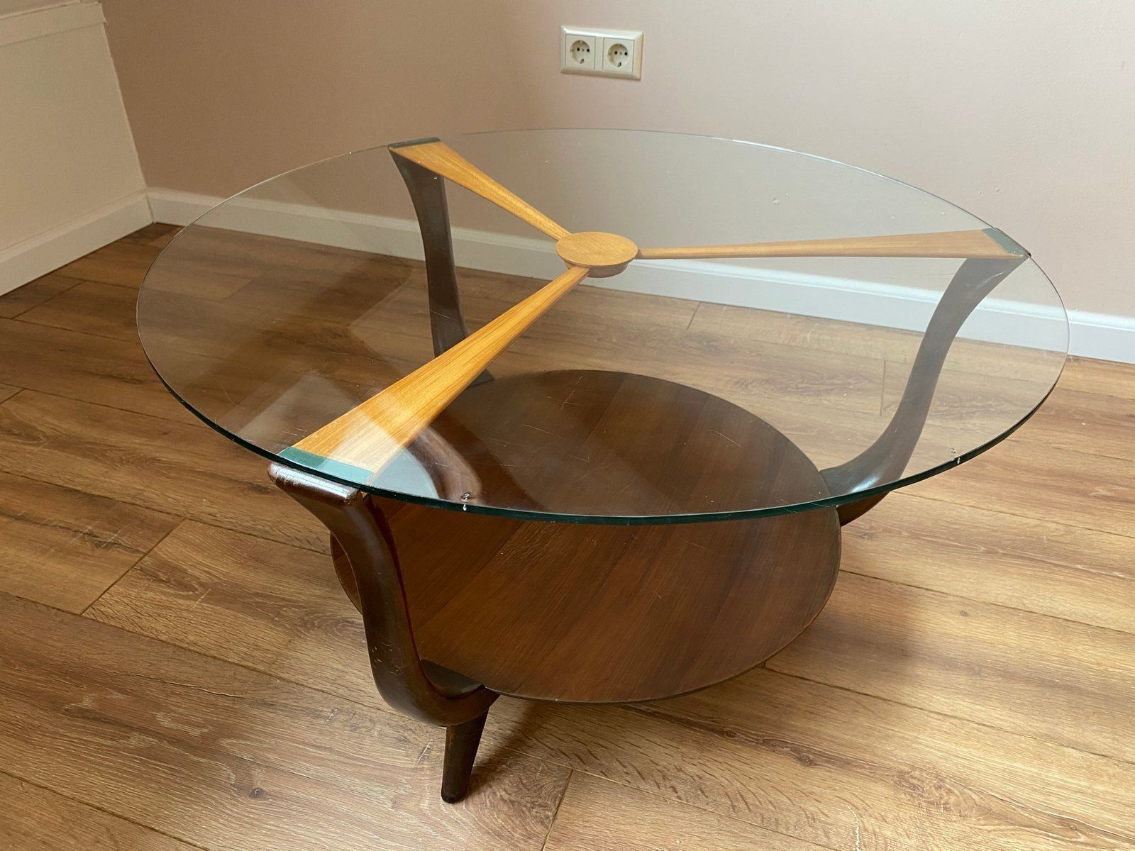photo for sale Mid Century Italian Round Ik Wood And Glass Coffee Table, 1950s