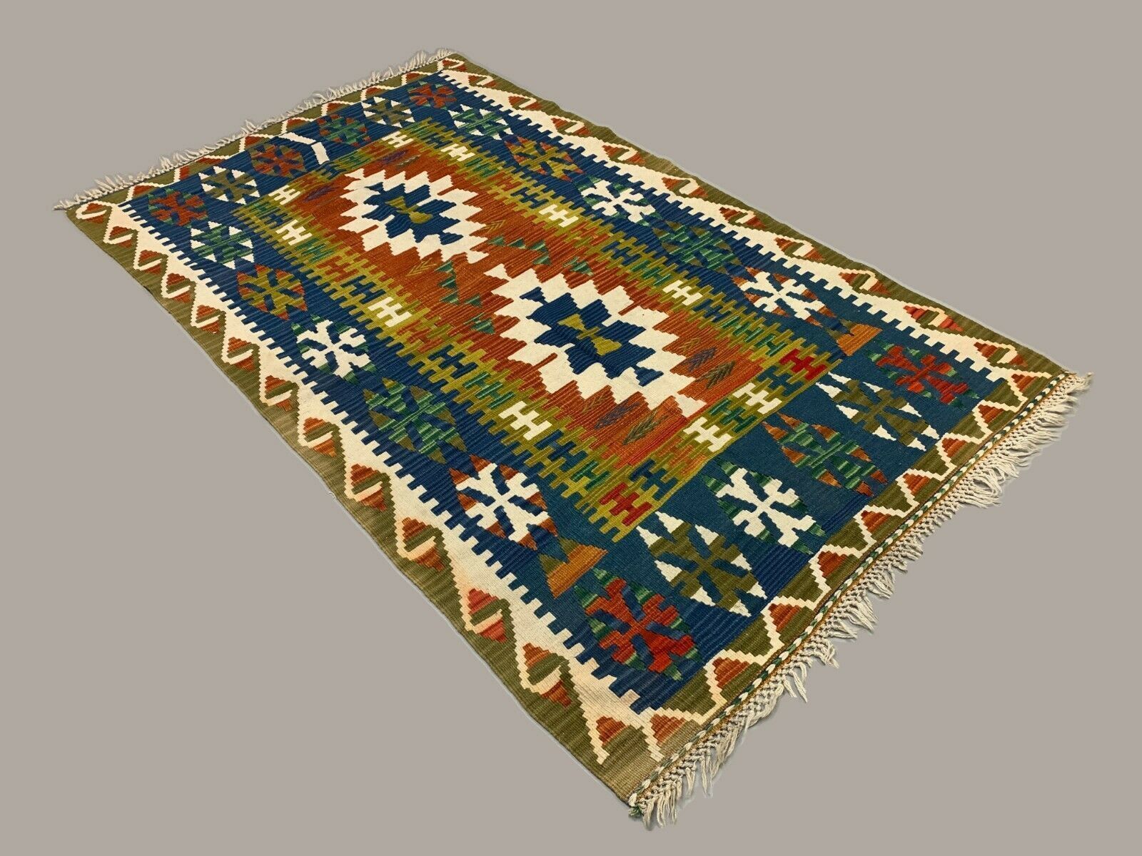 Vintage Turkish Kilim 230x142 Cm Tribal Kelim Rug, Blue, Red, Beige, Green Large photo furniture