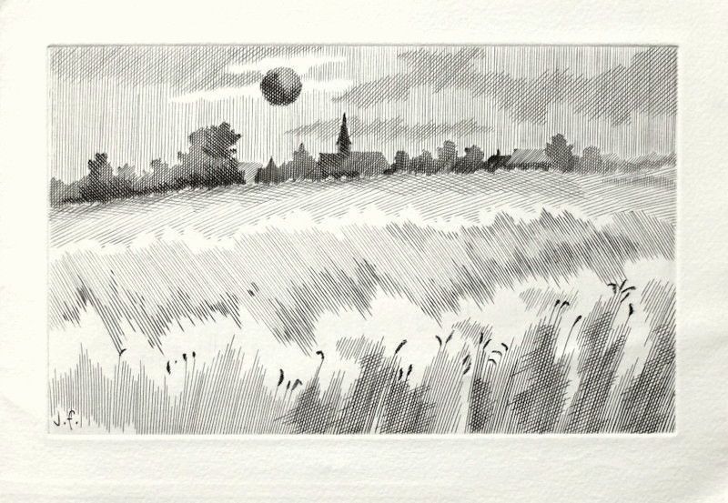 Feugereux Jean Engraving Greeting Card Red Sun On Prasville Eure Et Loir 28