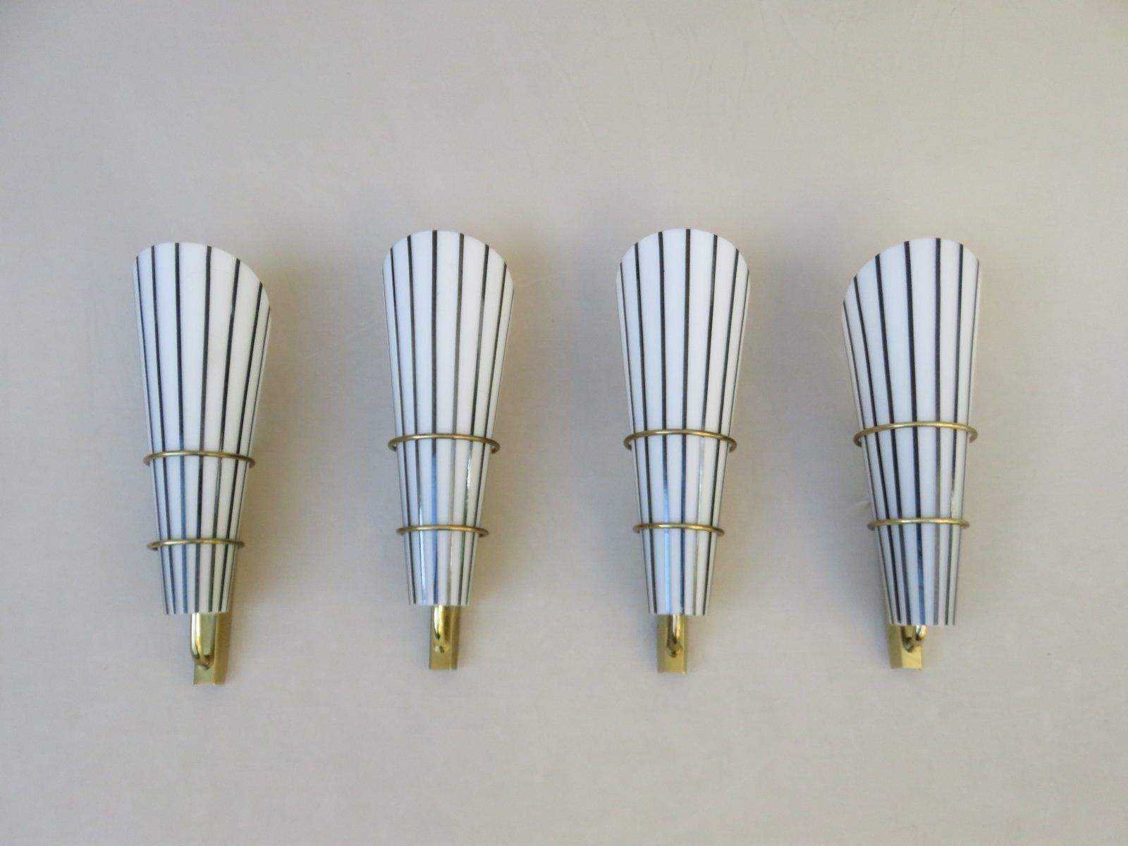 Extraordinary And Elegant Italian Black And White Striped Enamel Glass And Brass Sconces, 1950s, Set Of 4 photo for sale