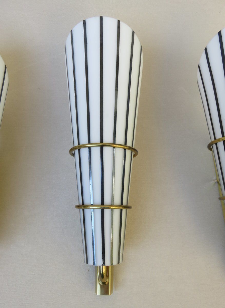 photo furniture Extraordinary And Elegant Italian Black And White Striped Enamel Glass And Brass Sconces, 1950s, Set Of 4