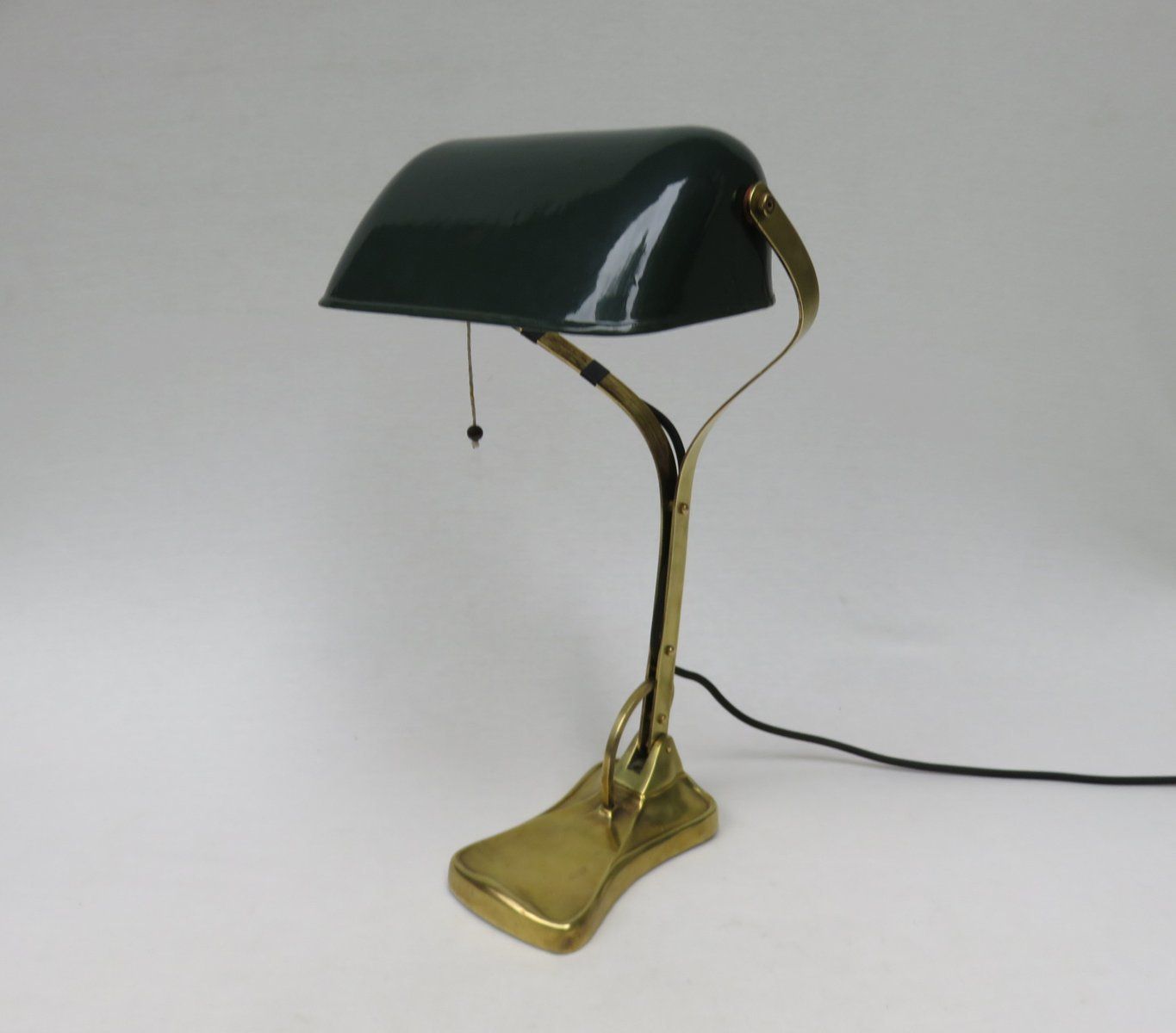Antique Art Nouveau Enameled Brass Bankers Lamp With Dark Green Shade
