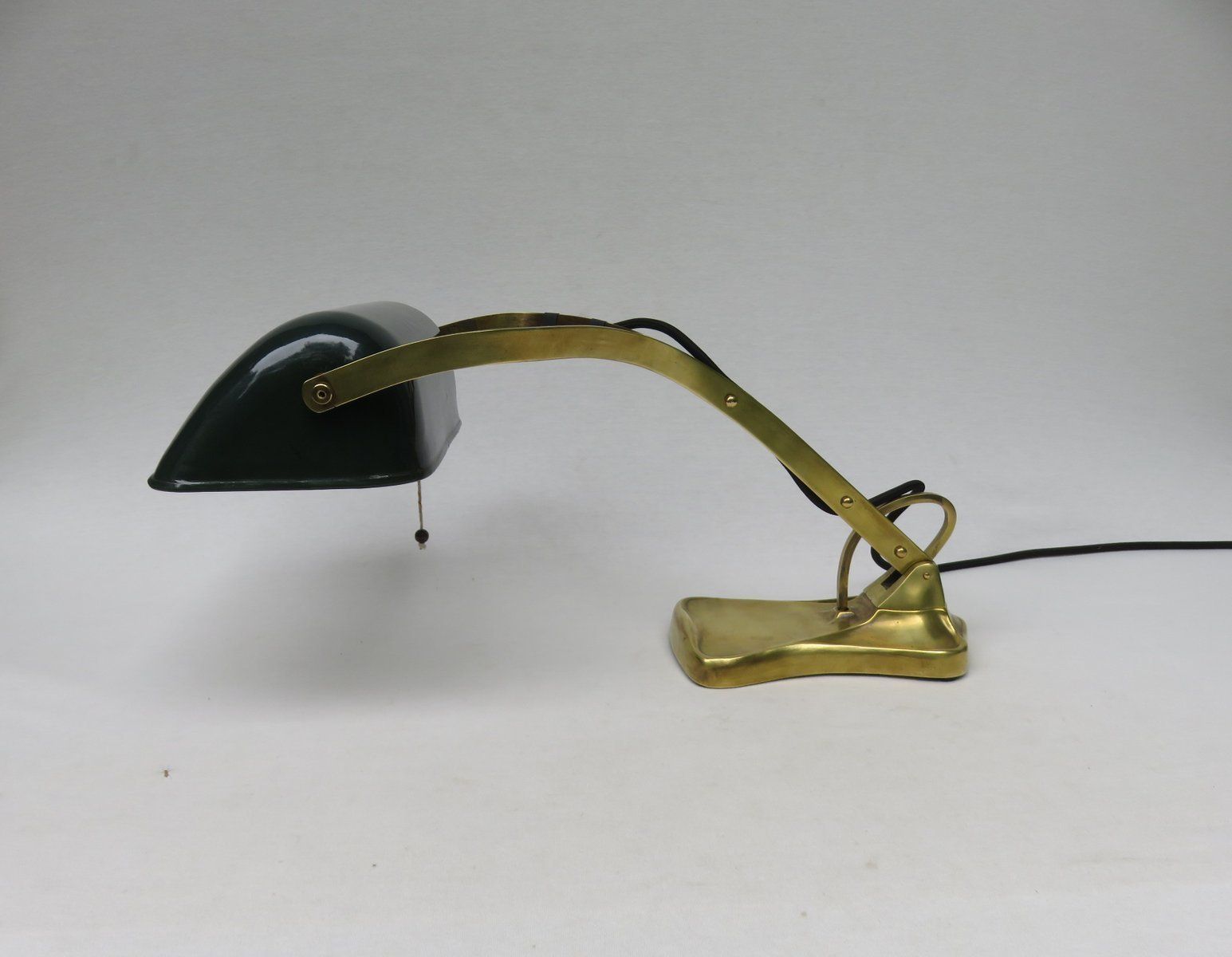 Antique Art Nouveau Enameled Brass Bankers Lamp With Dark Green Shade photo for sale