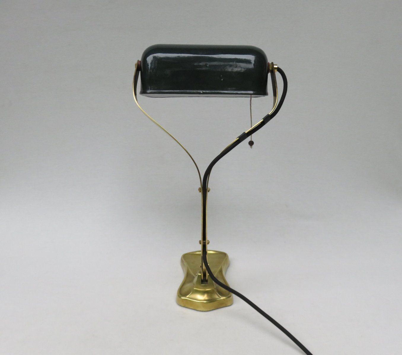 Antique Art Nouveau Enameled Brass Bankers Lamp With Dark Green Shade photo 2502.4