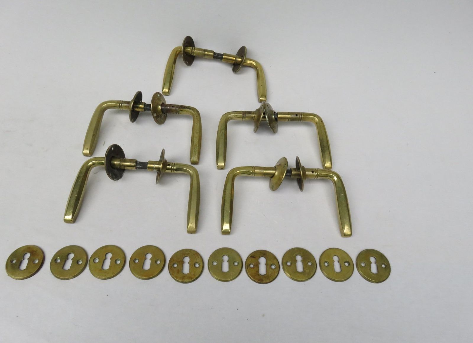 Art Nouveau Brass Door Handles With Rosettes And Keyhole Covers, Set Of 5