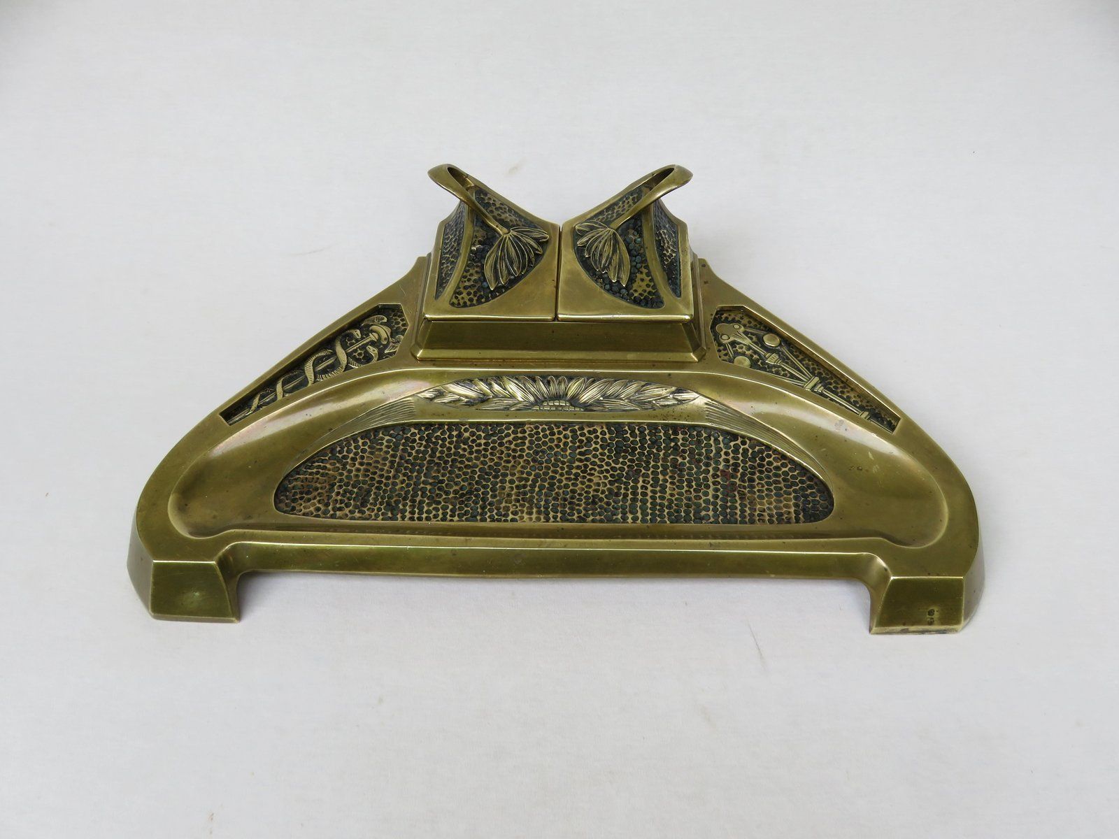 Art Nouveau Brass Ink Well With Symbols Of Economy, Trade And Technology