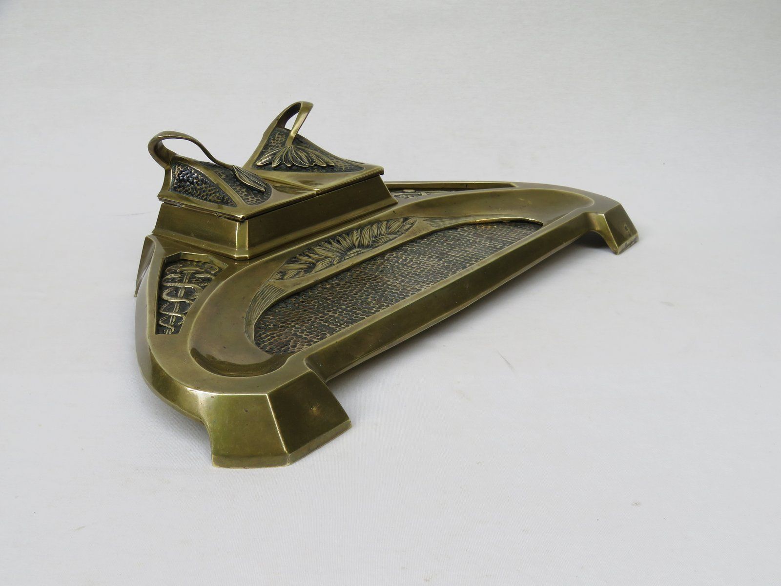 Art Nouveau Brass Ink Well With Symbols Of Economy, Trade And Technology photo for sale