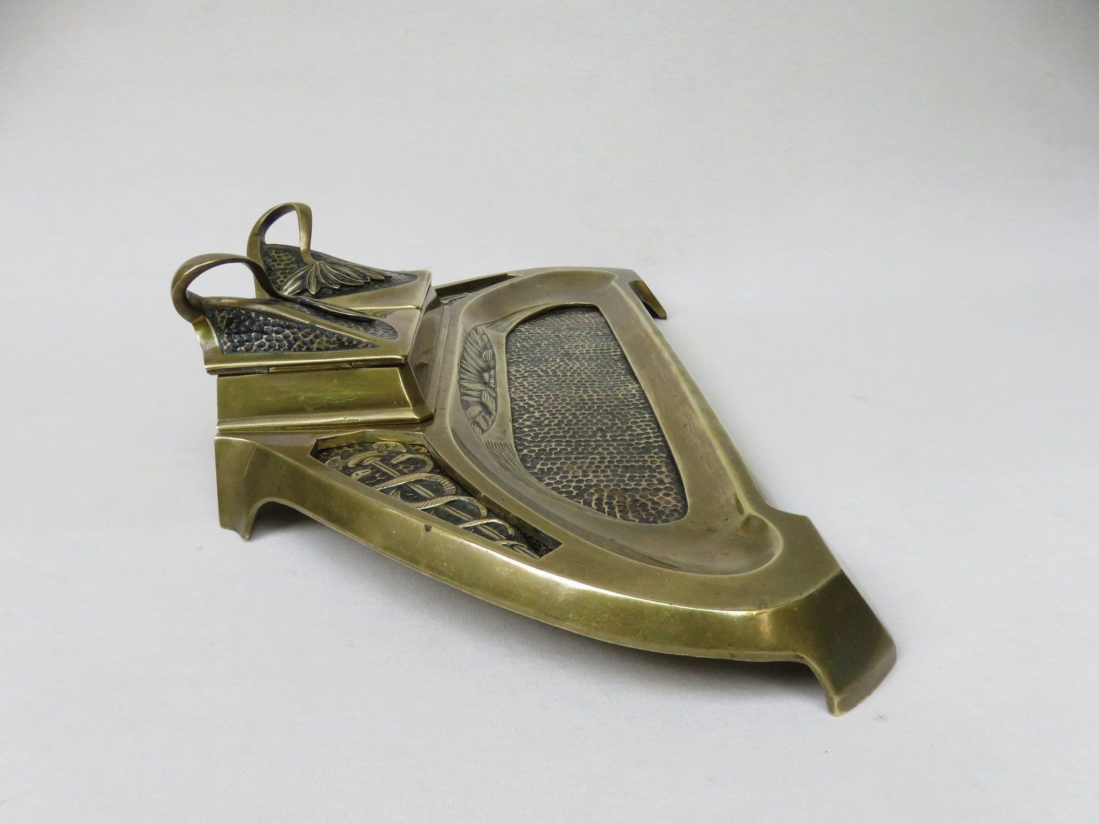 Art Nouveau Brass Ink Well With Symbols Of Economy, Trade And Technology photo Home Decor