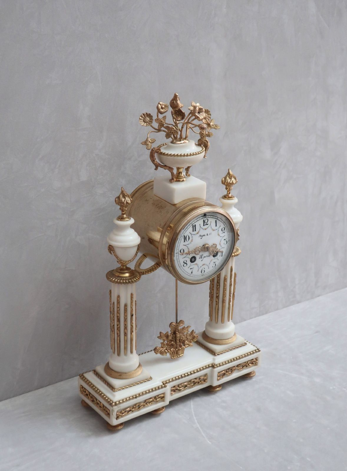 French Louis XVI Style White Marble Mantel Clock photo vinterior