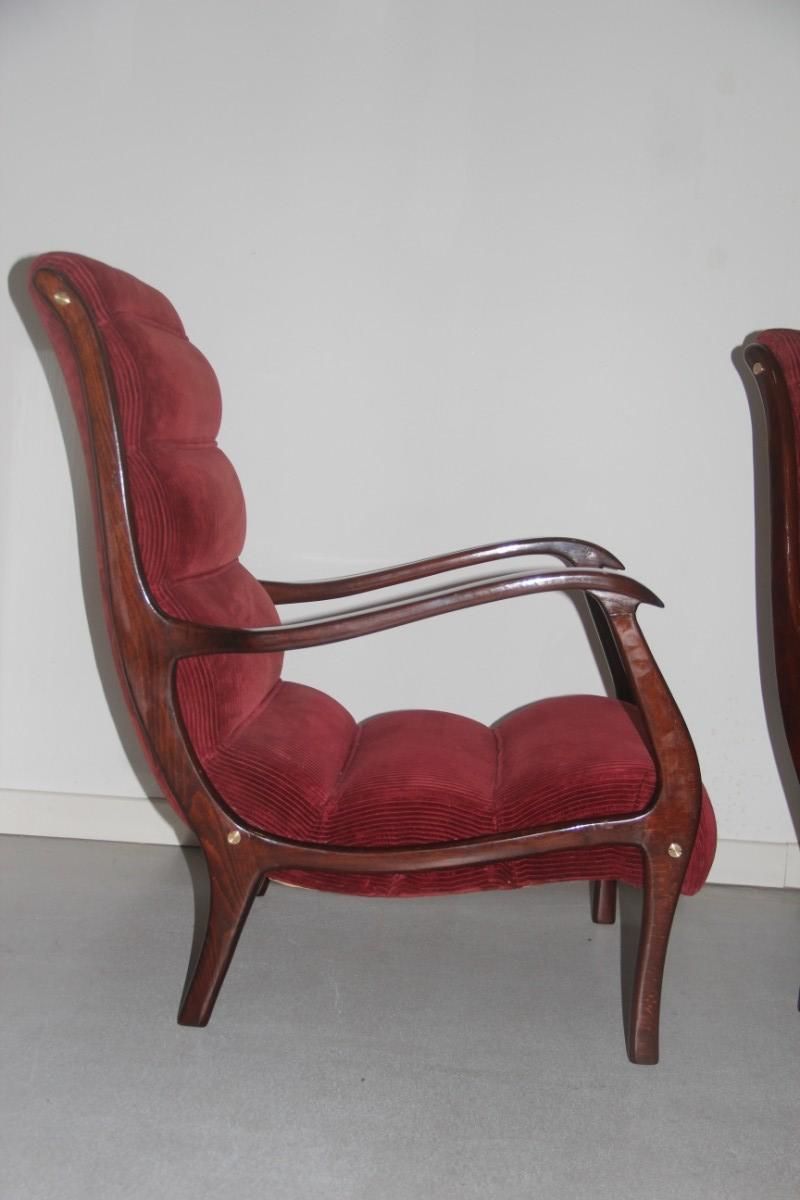 Armchairs Arredamenti Corallo 1950 Red Velvet Walnut Curved Italian Design, Pair photo Furniture