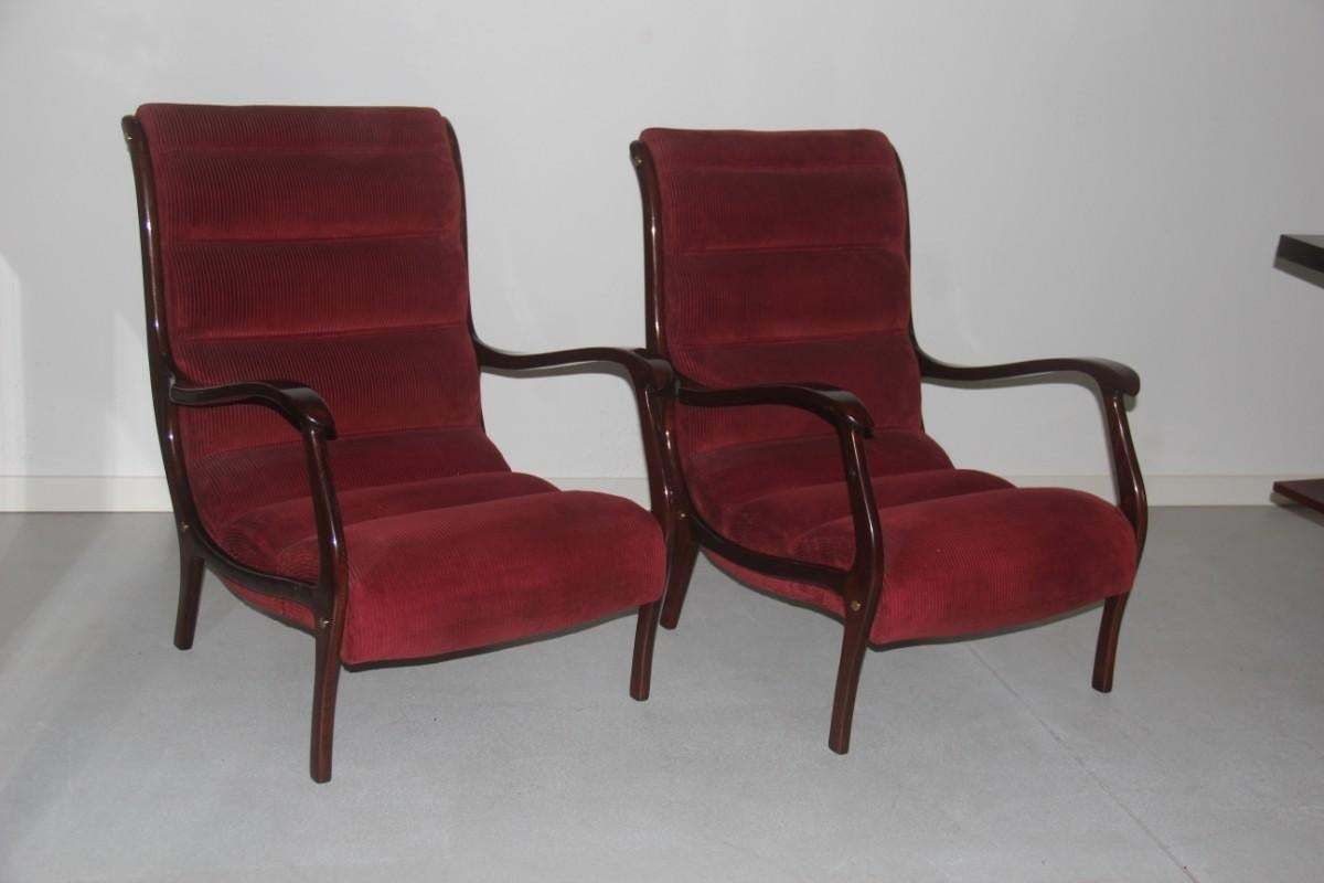 Armchairs Arredamenti Corallo 1950 Red Velvet Walnut Curved Italian Design, Pair photo 3000.0