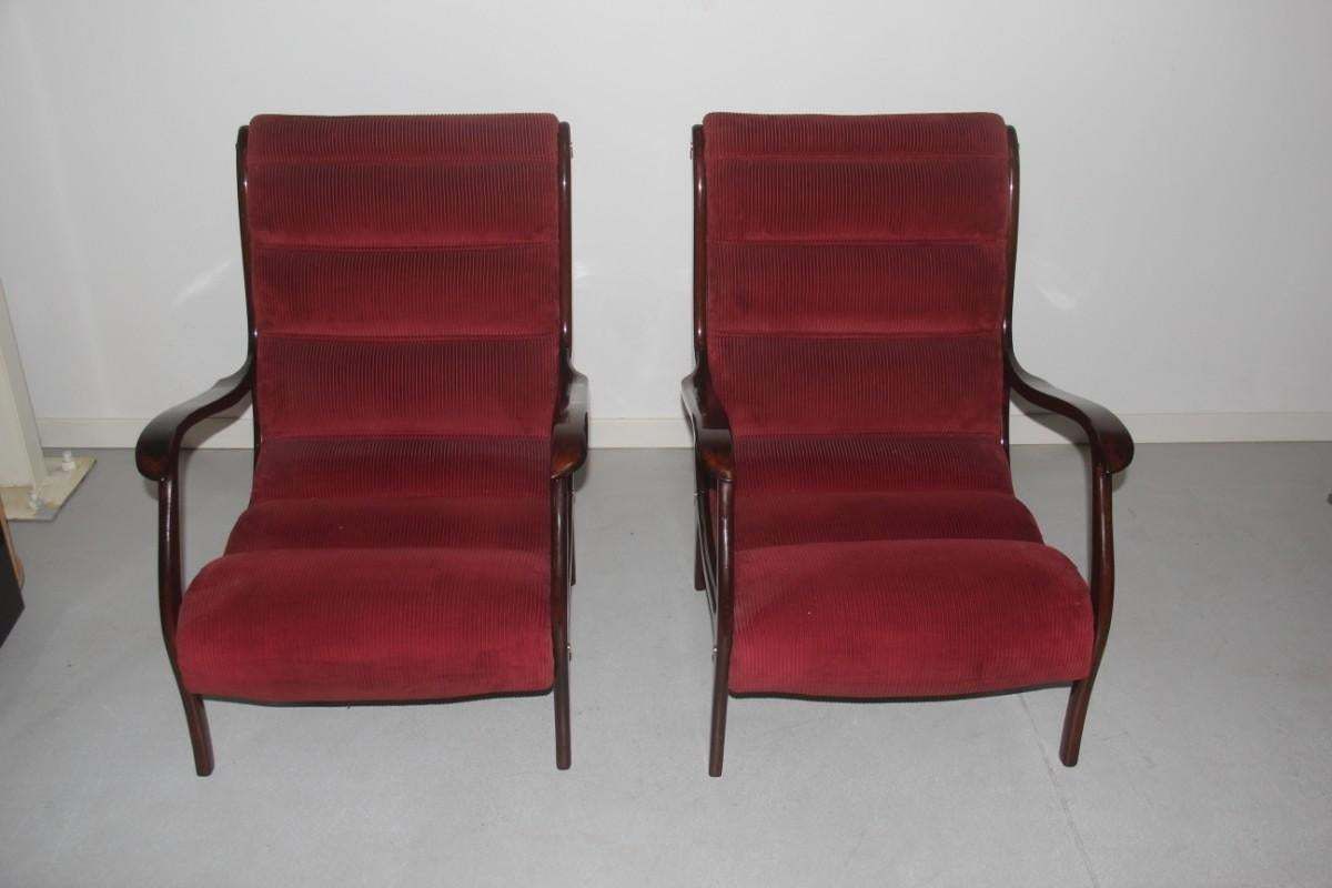 Armchairs Arredamenti Corallo 1950 Red Velvet Walnut Curved Italian Design, Pair photo buy