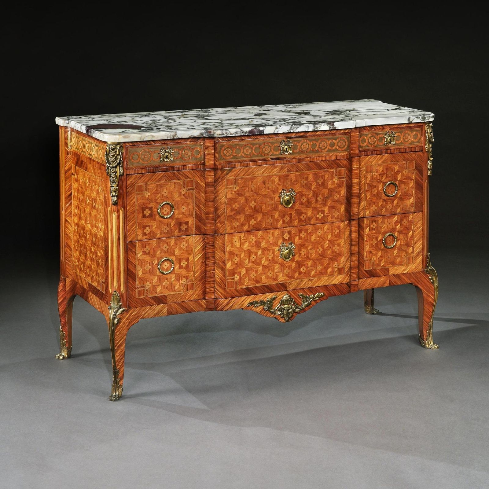 Late 19th C French Gilt Bronze Mounted Tulipwood And Kingwood Marble Topped Commode photo for sale