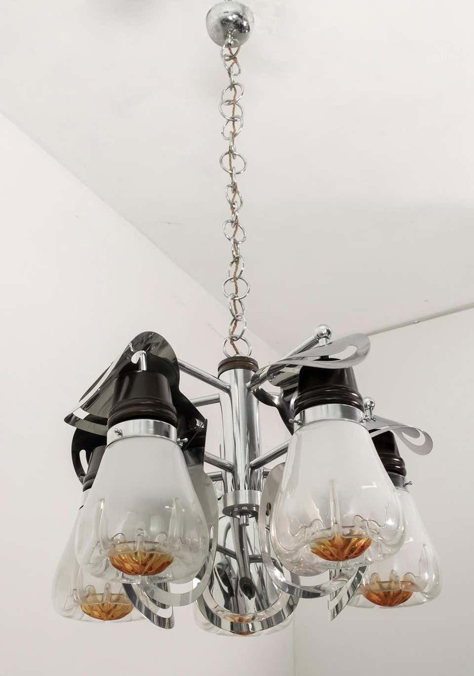 Mazzega Mid Century Modern Italian Murano Glass And Steel Chandelier, 1970s photo furniture