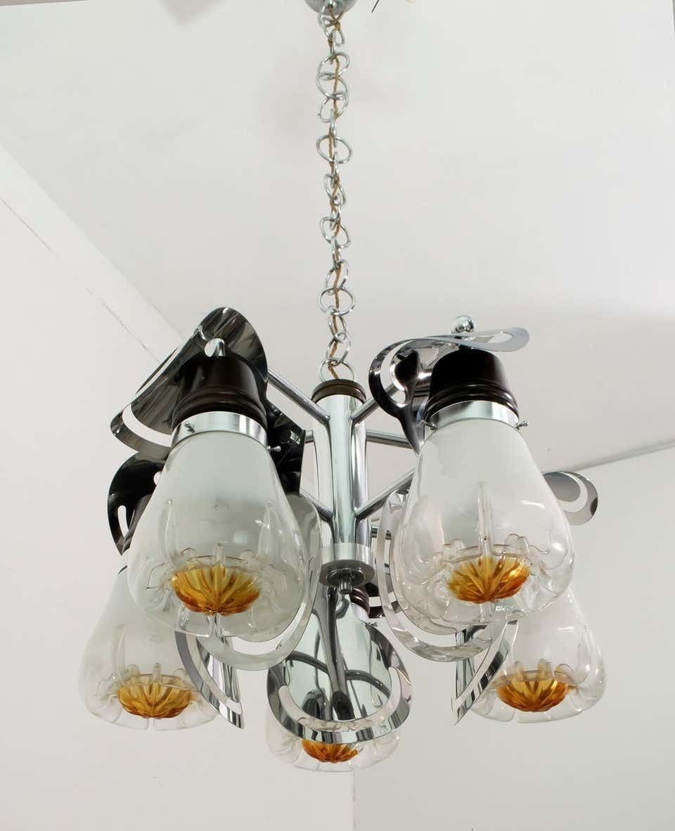 Mazzega Mid Century Modern Italian Murano Glass And Steel Chandelier, 1970s photo Lighting