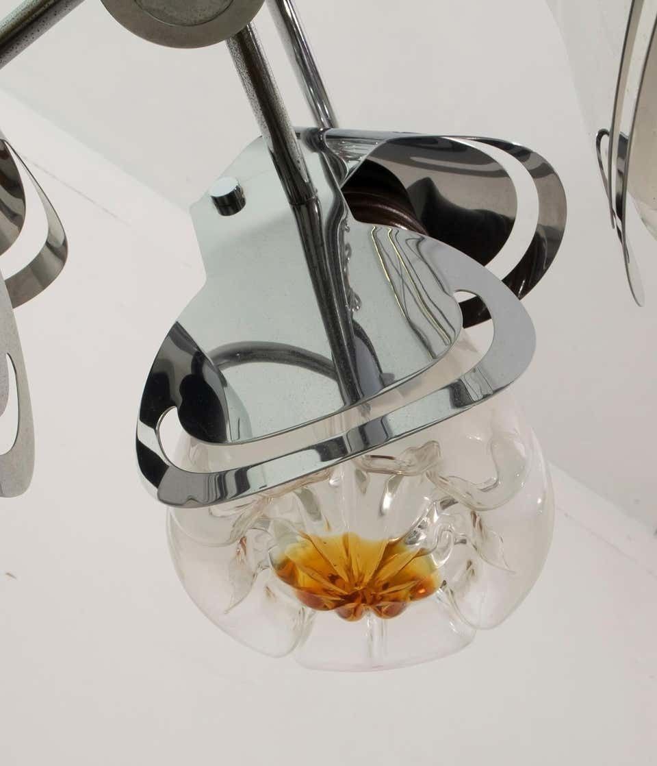 Mazzega Mid Century Modern Italian Murano Glass And Steel Chandelier, 1970s photo vintage
