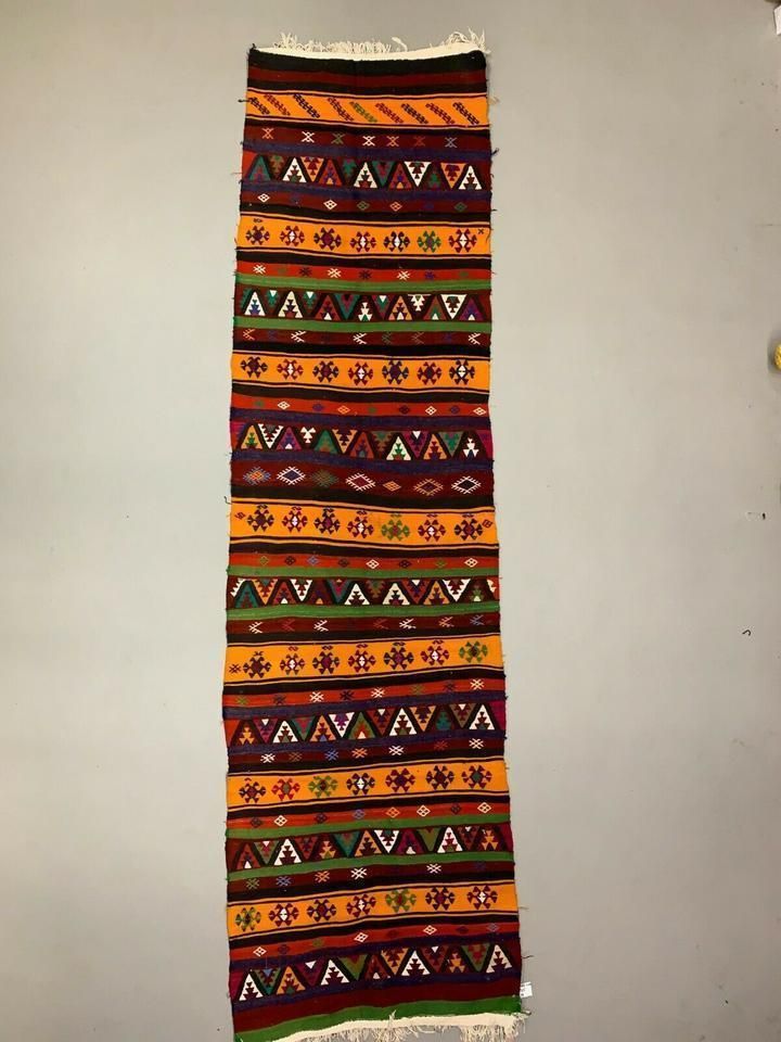 Vintage Turkish Kilim 337x182 Cm Wool Kelim Rug Large Red Orange Green Runner