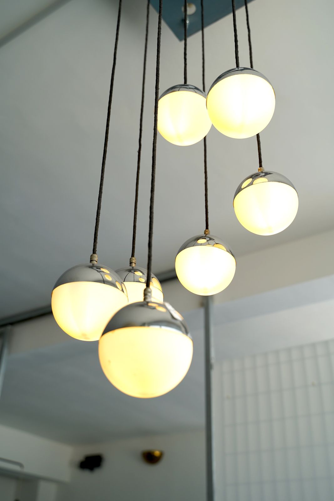 Seven Opaline Glass Spheres Italian Pendant Chandelier By Stilnovo, 1960s photo for sale