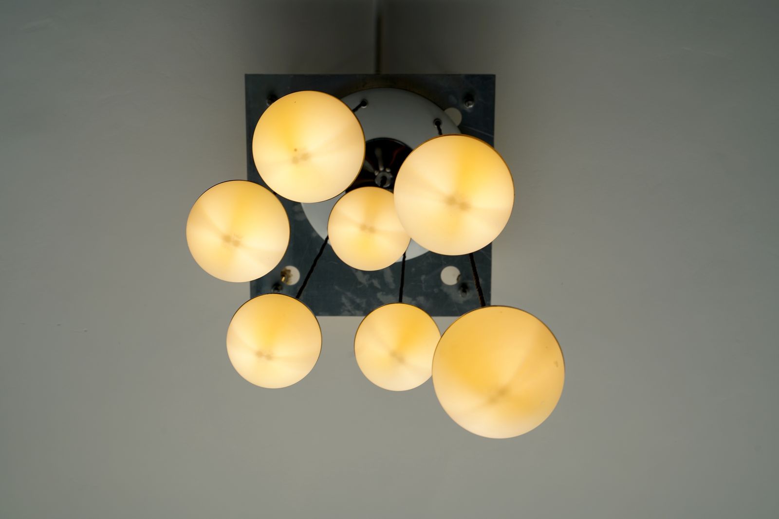 Seven Opaline Glass Spheres Italian Pendant Chandelier By Stilnovo, 1960s photo Lighting
