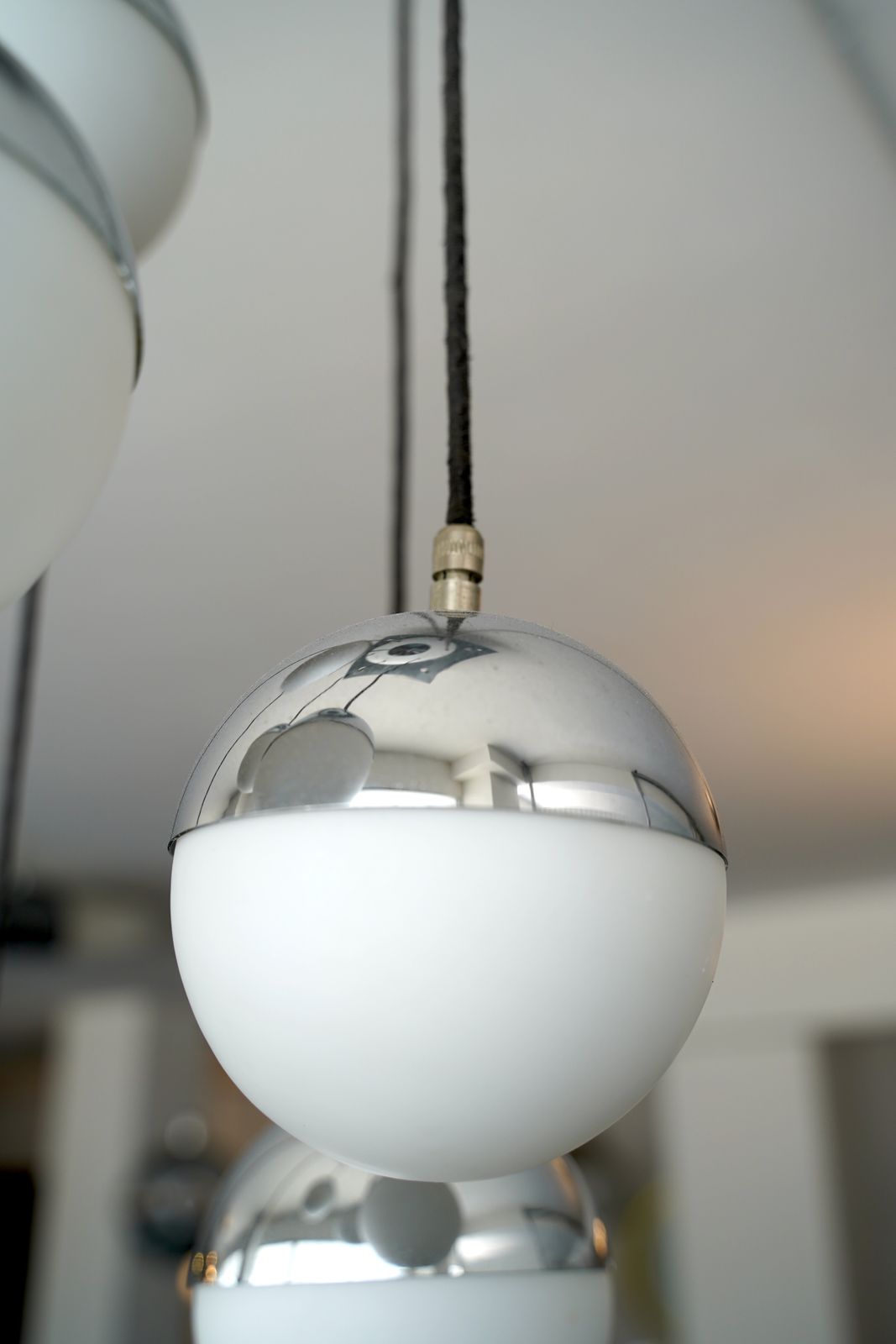 Seven Opaline Glass Spheres Italian Pendant Chandelier By Stilnovo, 1960s photo vintage