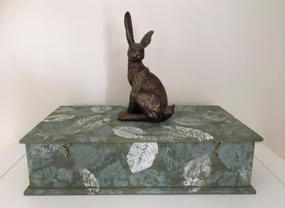 Large Hand Painted Wooden Box, Vintage Wooden Box, Leaf Pattern photo for sale
