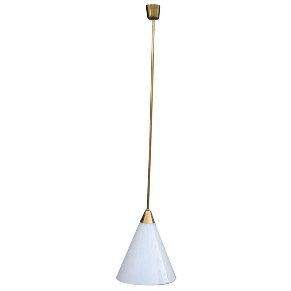 Minimal Midcentury Italian Design Chandelier Brass Gold White Glass Stilnovo