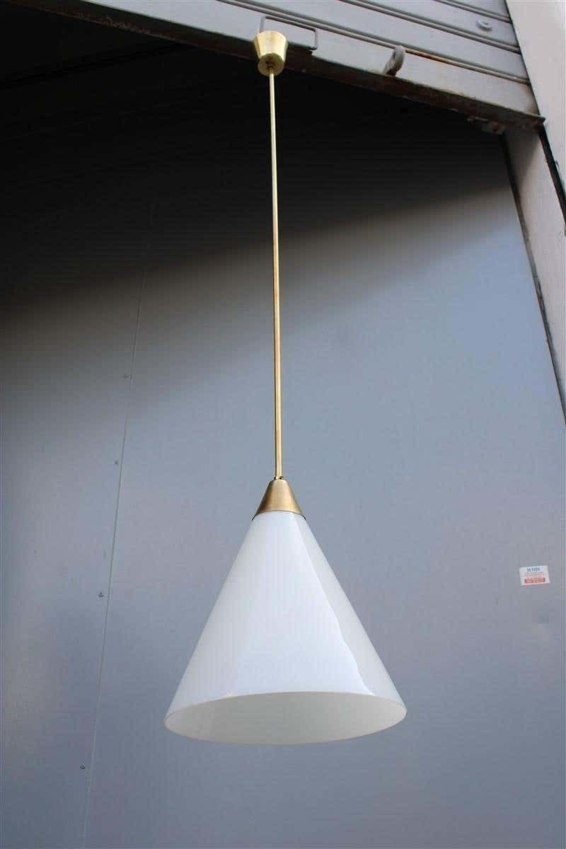Minimal Midcentury Italian Design Chandelier Brass Gold White Glass Stilnovo photo 2010.0