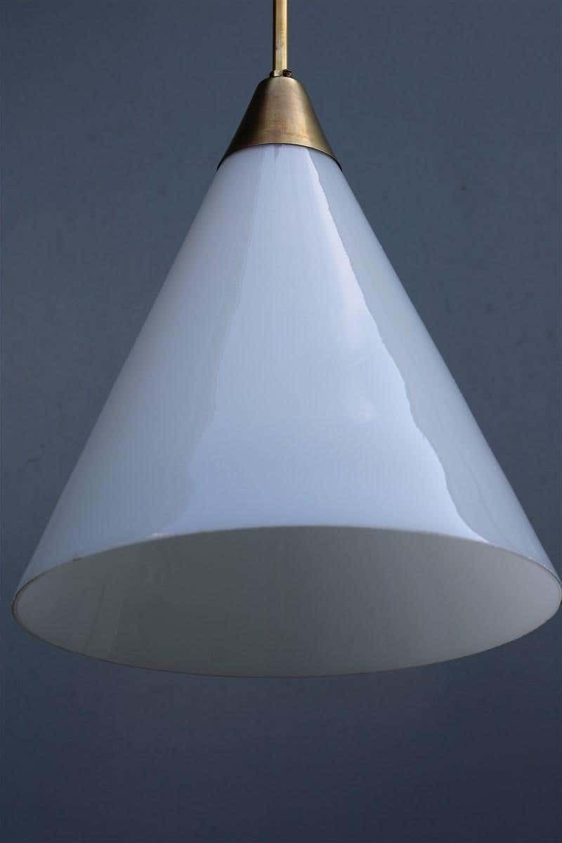 Minimal Midcentury Italian Design Chandelier Brass Gold White Glass Stilnovo photo vinterior