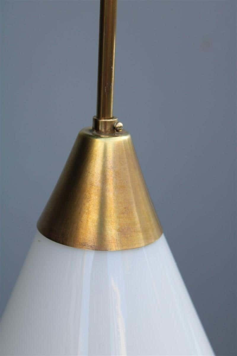 Minimal Midcentury Italian Design Chandelier Brass Gold White Glass Stilnovo photo vintage