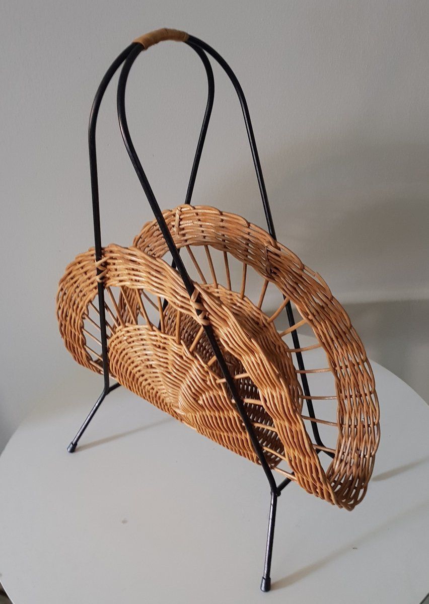 Mid Century Wicker Magazine Rack, 1950s photo for sale