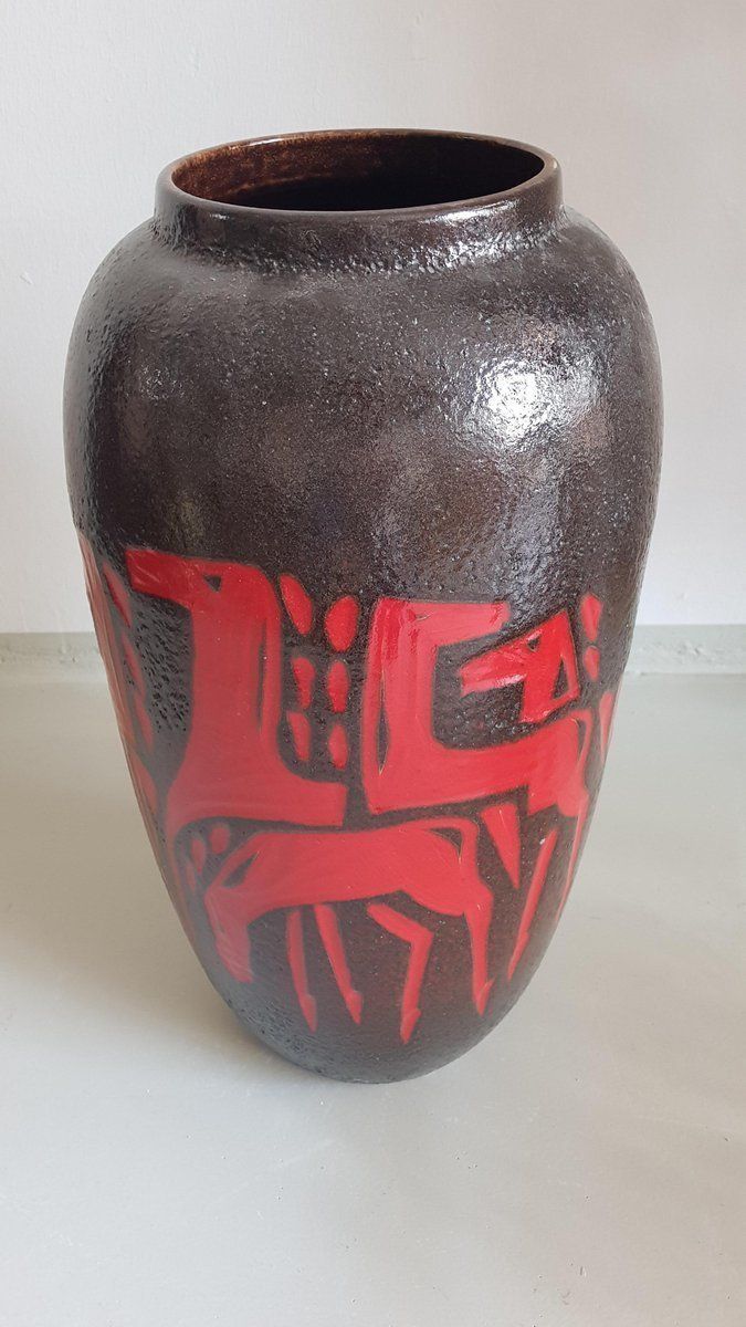 German Ceramic Floor Vase With Horses From Scheurich, 1960s photo 306.8