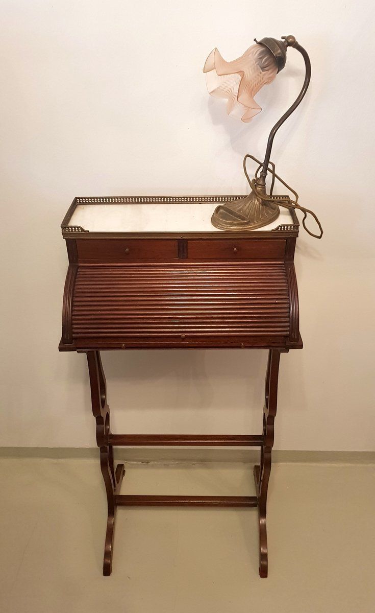 Small Antique English Brass, Mahogany, And Marble Secretaire