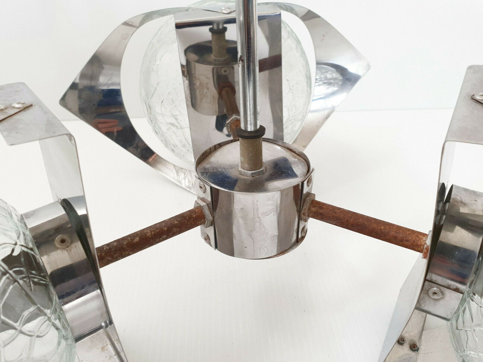 Chandelier Ceiling Sputnik 1970 Vintage 3 Balls Glass & Steel Chrome 70s photo 391.0