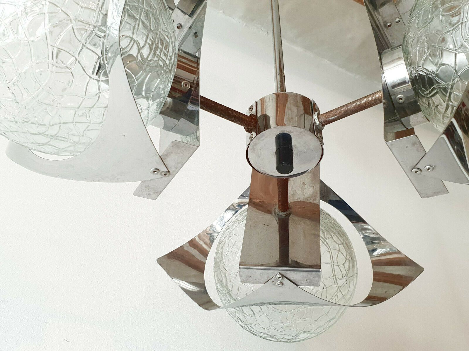 Chandelier Ceiling Sputnik 1970 Vintage 3 Balls Glass & Steel Chrome 70s photo vinterior