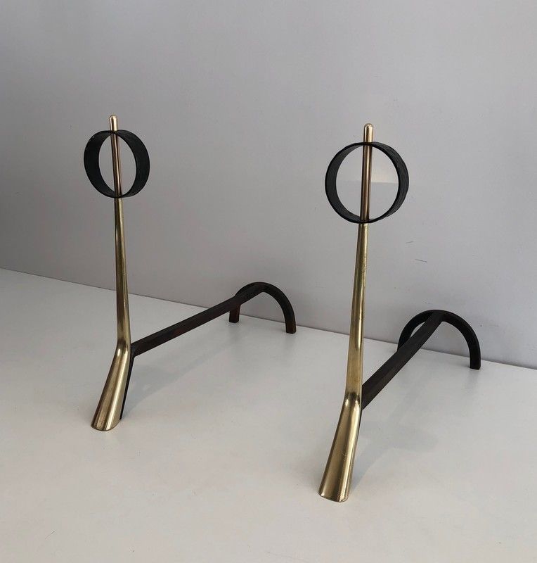 Pair Of Beautiful Modernist Bronze And Wrought Iron Andirons
