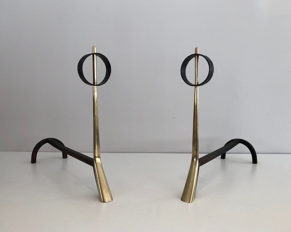 Pair Of Beautiful Modernist Bronze And Wrought Iron Andirons photo for sale