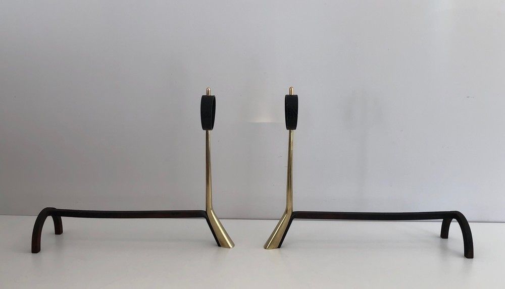 Pair Of Beautiful Modernist Bronze And Wrought Iron Andirons photo vintage